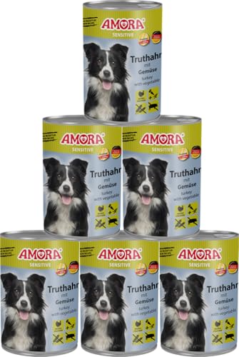 Amora Dog Sensitive 6 x 400g | Getreidefreies Nassfutter für Hunde | Mit Fleisch & Innereien | Ohne künstliche Zusätze | Hochverdaulich & gut verträglich (400g, Truthahn mit Gemüse) von arelf