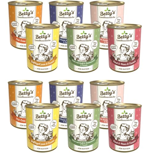 Bettys Landhausküche Cat 12 x 400 g Mixpaket | Garantierter 6 Sorten Mix | Hochwertiges Nassfutter für Katzen | Ohne Getreide | Schonend gegart | Bekömmlich | mit Taurin | Hoher Fleischanteil von arelf