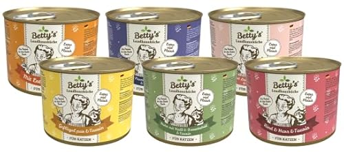 Bettys Landhausküche Cat 6 x 200 g Mixpaket | Garantierter 6 Sorten Mix | Hochwertiges Nassfutter für Katzen | Ohne Getreide | Schonend gegart | Bekömmlich | mit Taurin | Hoher Fleischanteil von arelf