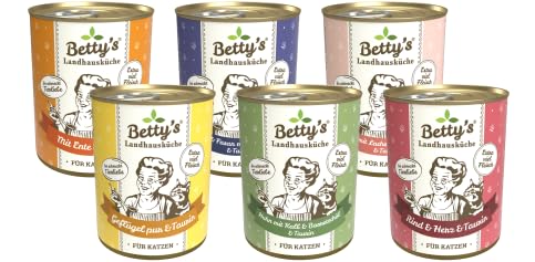 Bettys Landhausküche Cat 6 x 400 g Mixpaket | Garantierter 6 Sorten Mix | Hochwertiges Nassfutter für Katzen | Ohne Getreide | Schonend gegart | Bekömmlich | mit Taurin | Hoher Fleischanteil von arelf