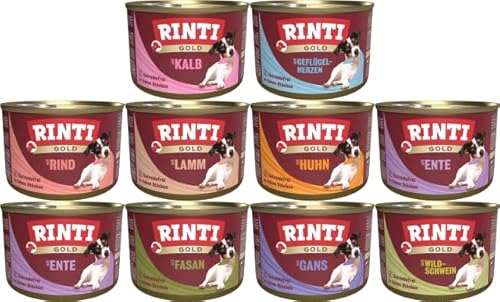 RINTI-Gold Hundefutter (Bundle) 10 x 185g | Nassfutter für kleine Feinschmecker | Garantierter 5-Sorten-Mix | 70% Fleisch & Innereien | Ohne Formfleisch, Soja, Farb- & Aromastoffe von arelf