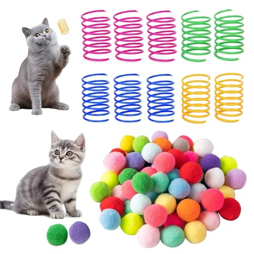 arrderly 20 Stück Katzenspielzeug-Spiralfedern, pelzige Katzenspielzeugbälle, weiche Pompom-Bälle, interaktives Spielzeug, kreative bunte Spiralfedern, geeignet für Katzen zum Spielen, Kauen und Jagen von arrderly