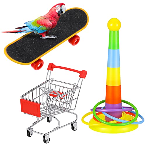 atnight Papagei Spielzeug Training Aktivitäten Set, 3 PCS Parrot Intelligence Spielzeug Mini Shopping Trolley Skateboard Trainingsringe Lustiges Vogelspielzeug für Wellensittich Sittich Nymphensittich von atnight