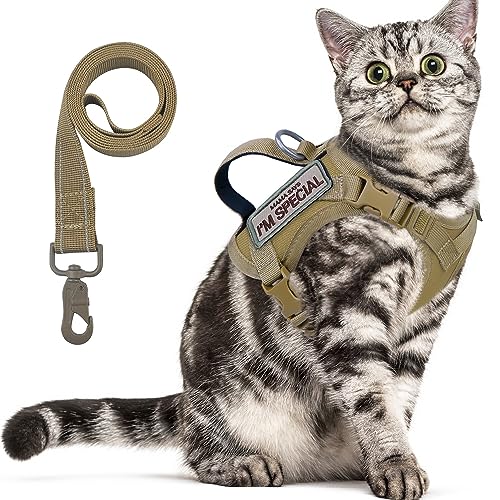 Taktisches Katzengeschirr zum Spazierengehen, ausbruchsicher, weiches Netzgewebe, verstellbar, Haustierweste, Geschirr für große Katzen, kleine Hunde und Khaki (Khaki, Medium) von augopapa