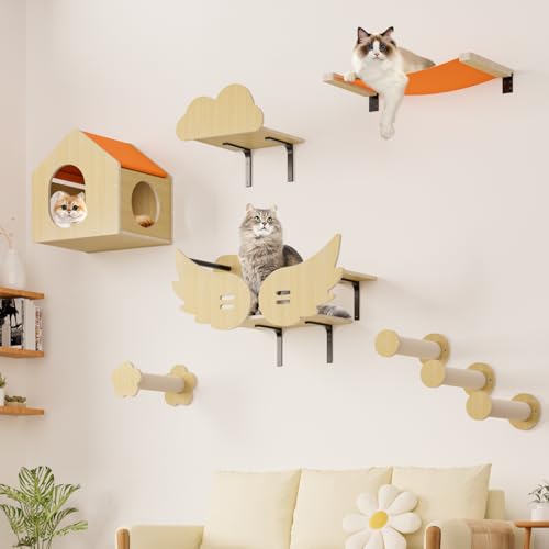 automoris Katzen-Wandregale für Wand, Katzenwandmöbel, Katzenregale für die Wand, Kletterwand für den Innenbereich, Katzentreppe, Haus und Brücke mit Flügelform für Katzenwand, Orange und Beige, 8 von automoris