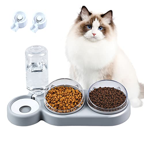 Katzennapf,Futternapf Katze,Fressnapf Katze 3 in 1 Katzen Napfset,rutschfeste Katzennapf Erhöht mit Automatischem Wasserspender für Kleine und Mittelgroße Hunde und Katzen (grau) von auvstar