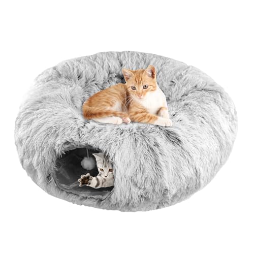 awakentti Katzenbett Tunnel, Katzenbett Höhle Donut mit Plüschtier, Waschbares Tunnelrohr Faltbar Kratzfest Katzenspielzeug Katzenbett für Katze, Kätzchen, Welpen, Kaninchen, Frettchen von awakentti