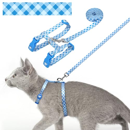 azuza Katzengeschirr und Leine, Set für sicheres Gehen und Reisen, Katzengeschirr, ausbruchsicher, leicht, größenverstellbar, weiches Material für kleine, große Katzen, blau kariert von azuza