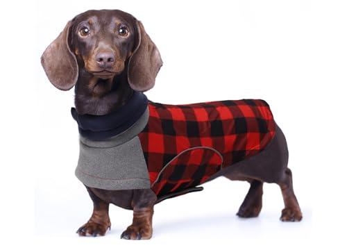 babepet Wasserdichter Wintermantel für kleine Hunde, Dackel-Colthes, Miniatur-Dackel-Jacke, Hundemantel mit Geschirrloch, Haustierkleidung, ideal zum Spazierengehen, Wandern, Camping, Rot, kariert, von babepet