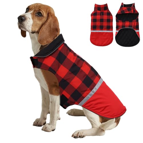 babepet Winter-Hundemantel, wasserdicht, britischer Stil, kariert, Hundemantel für kaltes Wetter, ärmellos, reflektierendes Hunde-Outfit, ideal zum Wandern, Laufen, Spazierengehen, Rot, Größe L von babepet