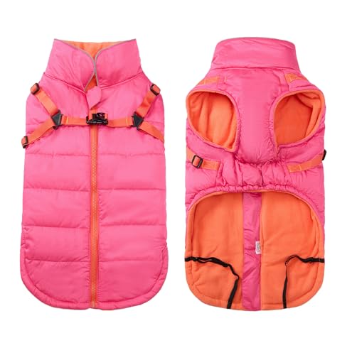 babepet Wintermantel für Hunde mit Geschirr, wasserdicht, reflektierend, mit verstellbarem Brustgurt, mit Fleece gefüttert, Kostüm für kleine Hunde, Outdoor, Rosa, Größe L von babepet