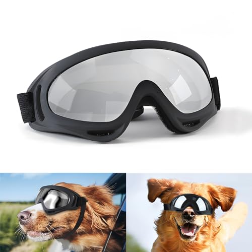 Hunde Sonnenbrille, badaren Hundebrille UV Wasserdicht Winddicht Einstellbar, Mode Hunde Schutzbrille für Mittel Große Hunde (Silber) von badaren