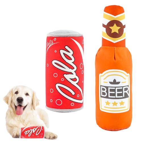 badaren 2 Stück Quietschendes Hundespielzeug, Bierflaschen Hund Spielzeug, Bierflaschen Hundespielzeug, Cola- und Bier-Stoffspielzeug für Hunde, Kaubeständiges Beißspielzeug für Hunde von badaren