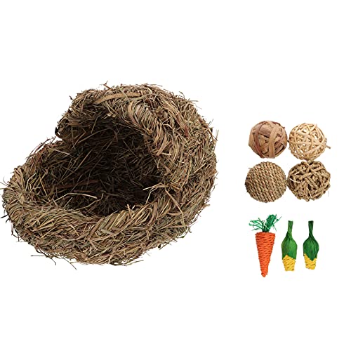 Balacoo 1 Set Kaninchen Heu Bett Woven Gras Bunny Nest Haus Natürliche Stroh Hamster Bettwäsche Hideaway Hütte mit Kauen Gras Ball Spielzeug für Guinea Pig Chinchilla Kleine Tiere von balacoo