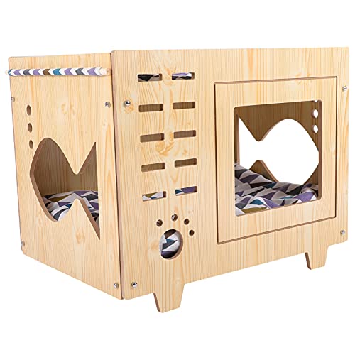 Balacoo Wood Cat House Double Layer Cat Nest TV Shaped Hollow Fish Cat Home Paw Pattern Platform Toy Pet Sleeping Bed Box for Indoor Kitten von balacoo