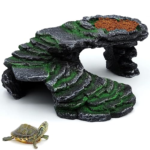 bangminda Schildkröte Basking Plattform Reptilien Simuliert Rock Habitat Terrarium Versteck Harz Felsversteck Höhle mit Futterschalen für Reptilien-Eidechsen Frösche Chamäleons Aquarium Ornament von bangminda