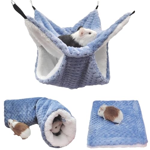 bangminda Kleintierbett 3 Stück Kleintier-Hängematte Frettchen-Hängematte Stockbett Zuckergleiter Hängematte und Kleintierbett und Hängeversteck Tunnel für Chinchilla Hamster Eichhörnchen Igel (Blau) von bangminda