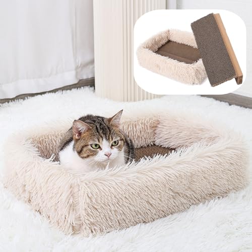 bangminda Kratzbrett Katzen Kratzpappe für Katzen mit Katzenbett Flauschig Kratzbox Katzenkratzbrett Wellpappe Kratzbaum Abnehmbar Doppelseitig Verwendbar Lounge-Bett für Katzen (Champagner-Plüsch) von bangminda