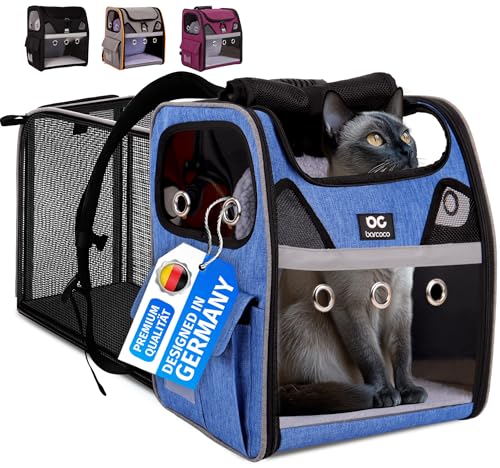 BARCOCO - Katzenrucksack mit Fenster - Erweiterbar Katzenrucksack für große Katzen & kleine Hunde - Atmungsaktiver Katzen Rucksack mit weicher Polsterung - Robust für sicheren Transport Blau von barcoco