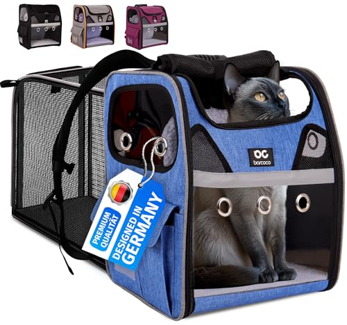 BARCOCO - Katzenrucksack mit Fenster - Erweiterbar Katzenrucksack für große Katzen & kleine Hunde - Atmungsaktiver Katzen Rucksack mit weicher Polsterung - Robust für sicheren Transport (Blau) von barcoco