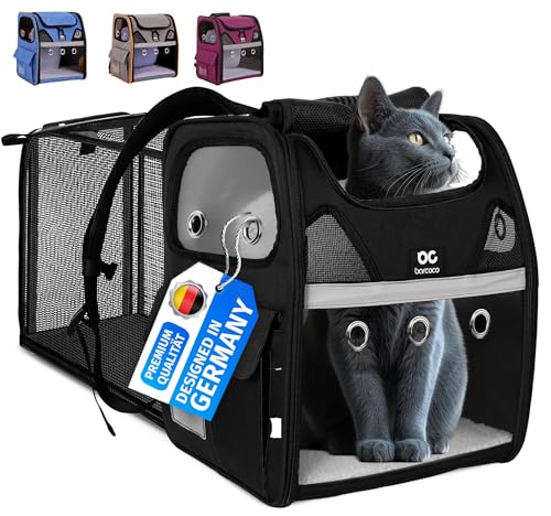 BARCOCO - Katzenrucksack mit Fenster - Erweiterbar Katzenrucksack für große Katzen & kleine Hunde - Atmungsaktiver Katzen Rucksack mit weicher Polsterung - Robust für sicheren Transport (Schwarz) von barcoco