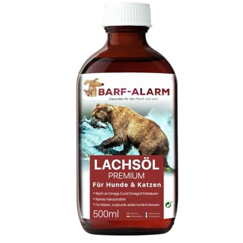 500ml Premium Lachsöl Hunde Lachsöl für Hunde und Katzen mit Omega 3 und Omega 6 Fettsäuren – Lachsöl Katze und Hund als Fischöl – Barf Lachs für Welpen Adulte Senioren & Sporthunde von barf-alarm