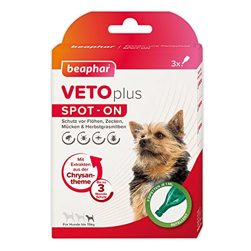 BEAPHAR - VETOplus SPOT-ON Für Hunde Bis 15kg - Repellent Gegen Flöhe, Zecken, Mücken Und Herbstgrasmilben - Sofortige Wirkung - Schützt Bis Zu 12 Wochen - 3 Pipetten Je 1ml von beaphar