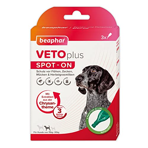 BEAPHAR - VETOplus SPOT-ON Für Hunde Zwischen 15-30kg - Repellent Gegen Flöhe, Zecken, Mücken Und Herbstgrasmilben - Sofortige Wirkung - Schützt Bis Zu 12 Wochen - 3 Pipetten Je 2ml von beaphar