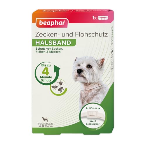 BEAPHAR - Zecken- Und Flohschutz Halsband Für Hunde Ab 12 Wochen - Repellent - 4 Monate Schutz Vor Zecken, Flöhen Und Mücken - Regenfest - Verstellbar - Bandlänge 65 cm - Weiß von beaphar