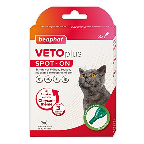 BEAPHAR - VETOplus Spot-on Für Katzen Ab 12 Wochen - Repellent Gegen Flöhe, Zecken, Mücken Und Herbstgrasmilben - Mit Chrysanthemenextrakt - Schützt Bis Zu 3 Monaten - 3 Pipetten Je 1 ml von beaphar