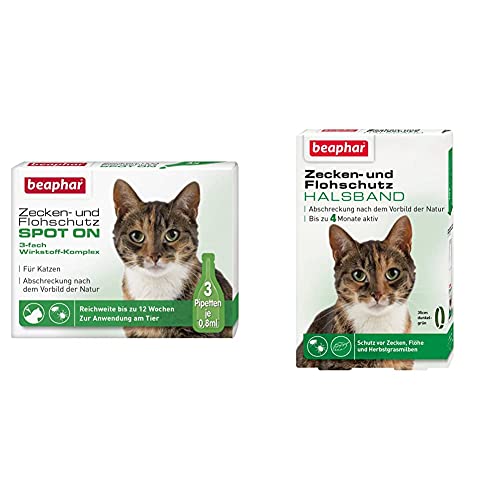 beaphar Zecken- und Flohschutz Spot On für Katzen, Zecken- und Flohschutz mit Margosa Extrakt, 3 x 0,8 ml & Flohschutz Halsband Katze | Schutz vor Zecken Flöhen | Grün |35cm von beaphar