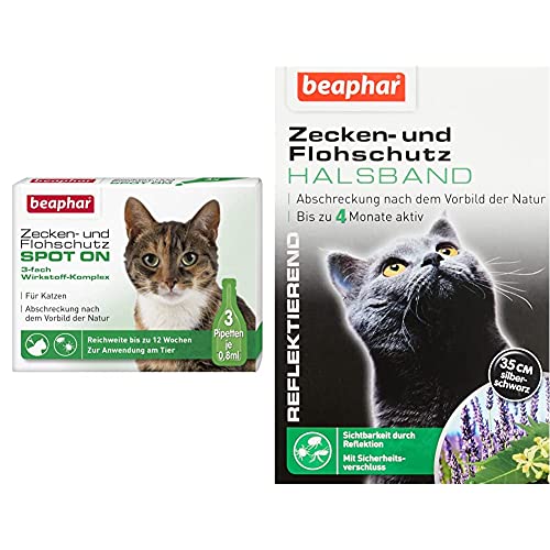 beaphar Zecken- und Flohschutz Spot On für Katzen, Zecken- und Flohschutz mit Margosa Extrakt, 3 x 0,8 ml & Flohschutz Halsband für Katzen | Zeckenschutz für Katzen von beaphar