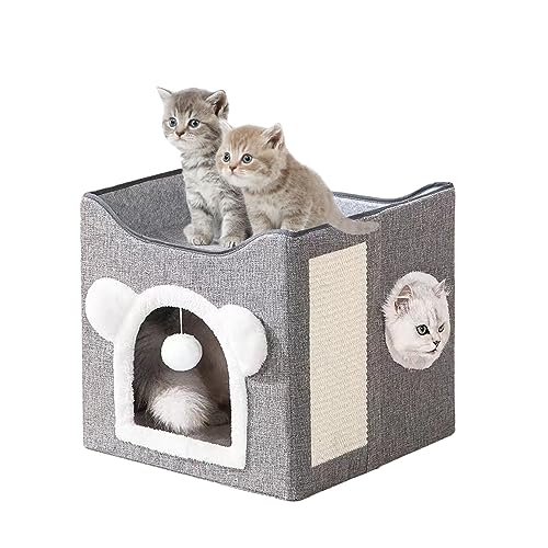 Bebeibon Katzenbetten für Wohnungskatzen, Katzenhaus mit 2 abnehmbaren Kissen, flauschiger Ball zum Aufhängen & Kratzkissen, faltbare Katzenhöhle, 39,1 x 39,1 x 39,1 cm, Dunkelgrau von bebeibon