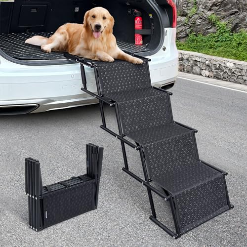 Beberoad Hundetreppe für Auto Klappbar, Tiertreppe, Haustiertreppe, 4 Stufen Hundeleiter bis 70kg, Rampe Hunde Treppe für die Für kleine, mittlere, große Hunde, Schwarz von beberoad