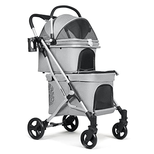 Beberoad Klappbarer Hundewagen, 2 Etagen Hundewagen für Kleine Hunde und Katzen, Pet Stroller Hundebuggy Für Mehrere Haustiere, Hundebox für Hunde & Katzen, Grau von beberoad