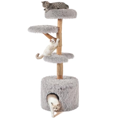 beeNbkks Katzenbaum für große Katzen, Modern Hoher Holz Katzenturm für Indoor Katzen, Echter Ast Katzenbaum Turm mit Katzenkondo Kratzbaum und Sitzstangenbett, Flauschige Katzenmöbel für Mehrere von beeNbkks