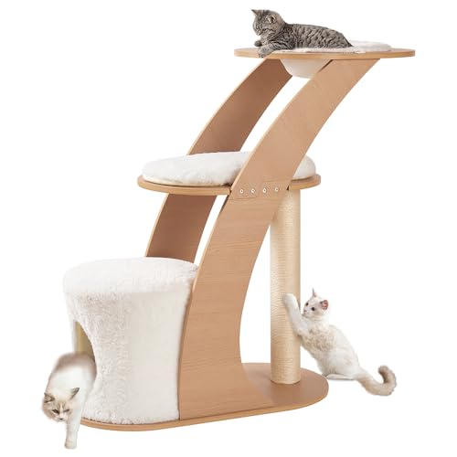 beeNbkks Katzenbaum für große Katzen, moderner hoher Katzenturm für Indoor-Katzen, Katzenbaumturm mit Katzenkondo Kratzbaum und Sitzstange, Hängemattenbett, Luxus-Katzenleiter aus Holz für mehrere von beeNbkks