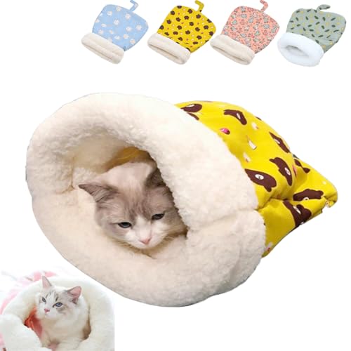 behound Cat Sleeping Bag with Tail, Cute Cartoon Pocket Cat Nest Bag, Cat Winter Warm Sleeping Bag for Indoor Cats, Enclosed Cat Bed, Plush Soft Pet Bed Cave Sleeping Bag (Yellow) von behound