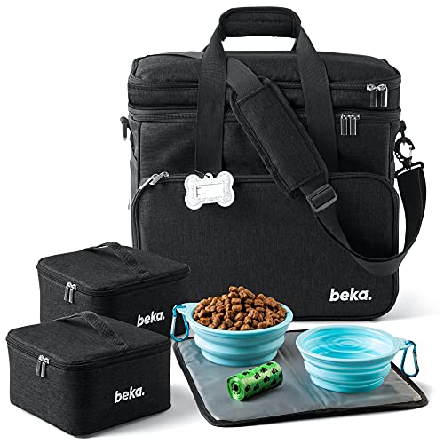 beka. Hunde-Reisetasche – Hunde-Reise-Set mit 2 faltbaren Silikon-Näpfen, 2 Lebensmittelbehältern, Mehrzweck-Taschen für Haustierzubehör – Ideal Dog Gear Weekender (XL, Schwarz) von beka.