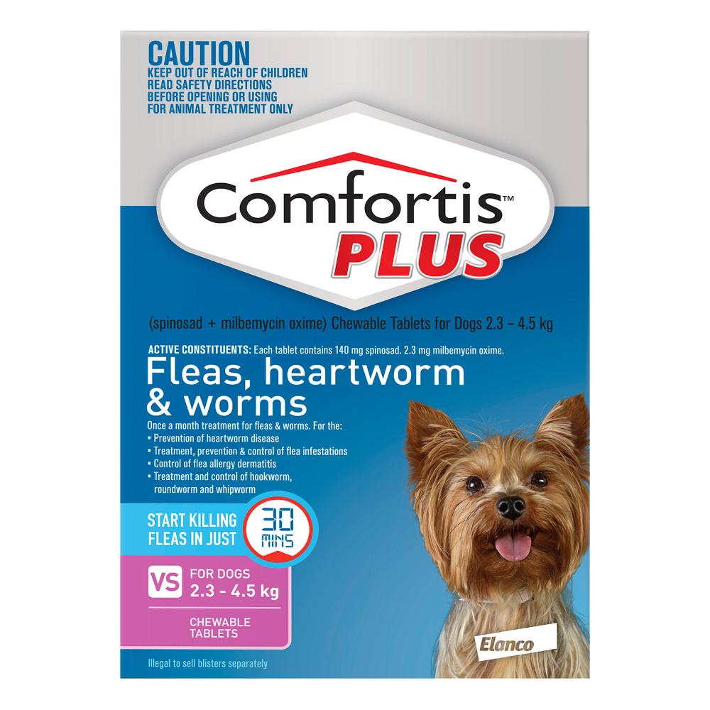 Comfortis Plus (Trifexis) Chewable Tablets For Xsmall Dogs (2.3-4.5kg) Pink 12 Chews