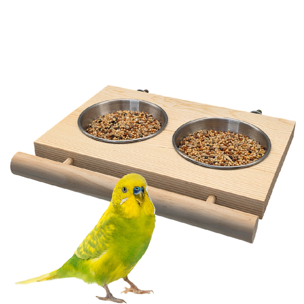 Futterstation für Vögel mit Sitzstange & 2 Edelstahlnäpfen - 20 x 16 cm Futterstation für Vögel mit Sitzstange & 2 Edelstahlnäpfen - 20 x 16 cm