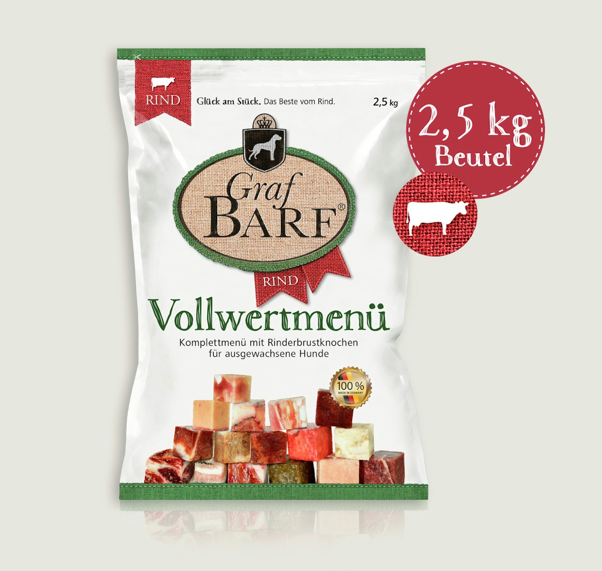 Graf Barf Vollwertmenü Rind PLUS Spezialfutter / Frostfutter für Hunde Sparpaket 8 x 2,5 Kilogramm