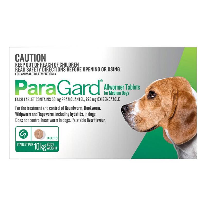 Paragard Broad Spectrum Wormer For Medium Dogs 22 Lbs (10kg) Green 4 Tablets