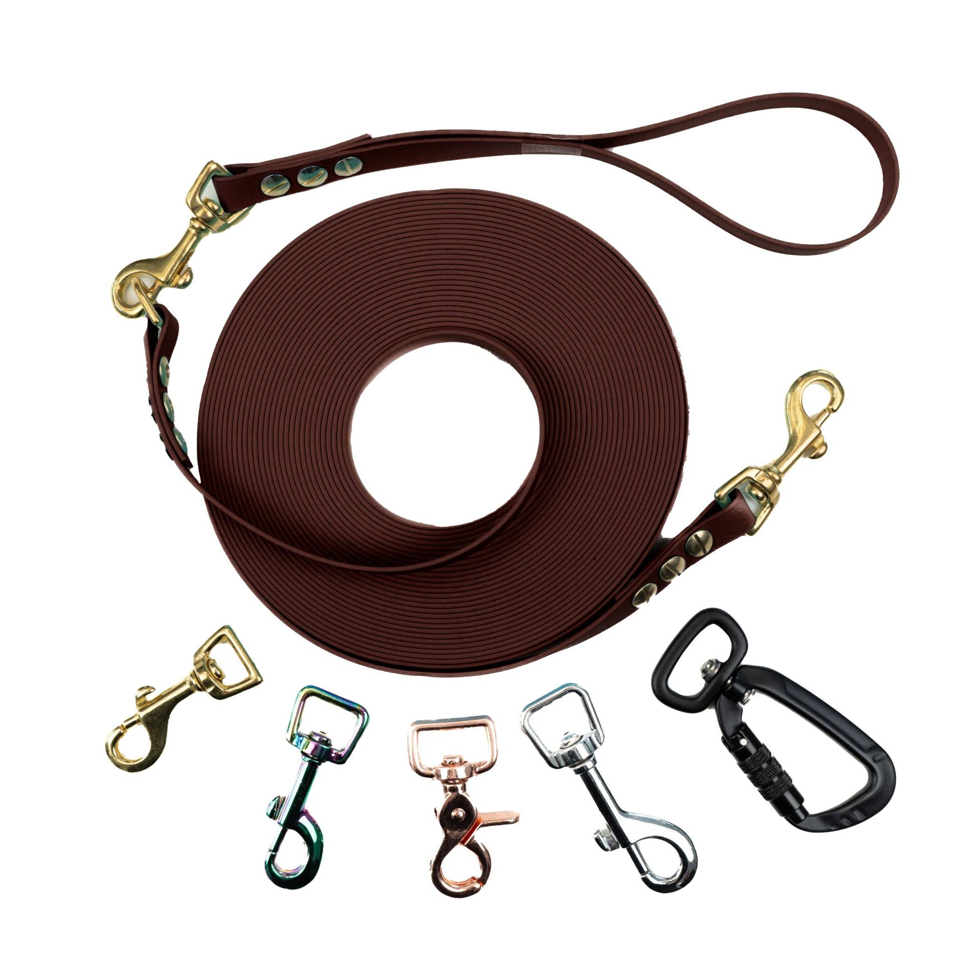 Schleppleine Superflex Dunkelbraun - Hunde bis 15kg 13mm-15m-Bolzenkarabiner Rose-abnehmbare Handschlaufe Schleppleine Superflex Dunkelbraun - Hunde bis 15kg 13mm-15m-Bolzenkarabiner Rose-abnehmbare Handschlaufe