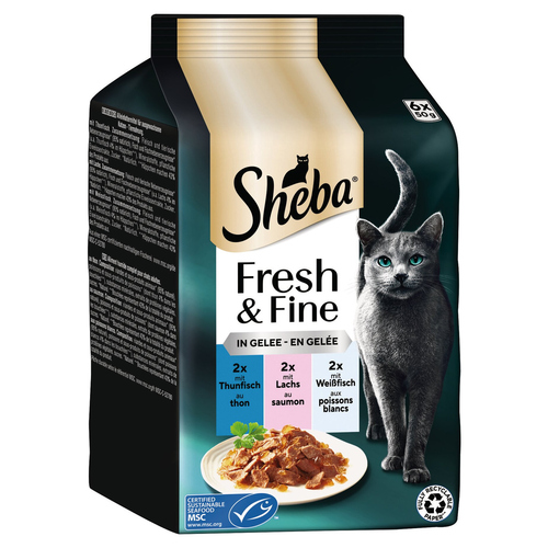 Sheba Multipack Fresh & Fine Thunfisch, Lachs & Weißfisch in Gelee MSC 6 x 50 g - 6 Stück Sheba Multipack Fresh & Fine Thunfisch, Lachs & Weißfisch in Gelee MSC 6 x 50 g - 6 Stück