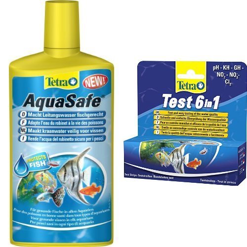 Tetra AquaSafe 500 ml und Tetra Test 6 in 1, Wassertest für das Aquarium, 1 Packung je 25 Teststreifen