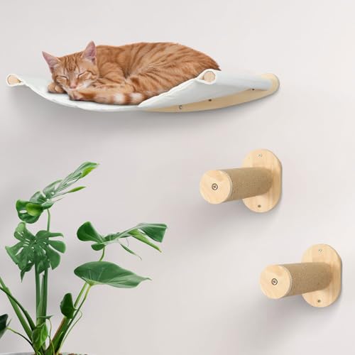 Kletterwand Katzen,Wand montierte Katze-Hängematte, Katzenzubehör aus natürlichem Kiefernholz,Katzen Kletterwand Set,Geeignet für Katzen zum Klettern, Schlafen und Spielen von bluaqua