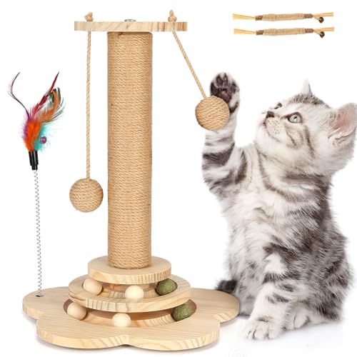 bluaqua Kratzstamm für Katzen - Interaktives Katzenspielzeug mit Hängenden Bälle,Feder & Matatabi Stick Katze,Katzenspielzeug aus Holz Roller von bluaqua