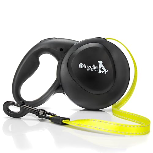 bluzelle 8m Lange Hundeleine für Hunde bis 50kg, Flexible Rollleine Neon-Gelb Leuchtender Reflektor-Gurt mit 360° Karabinerhaken Metall, Ergonomischer Griff Schwarz Gummiert & Einzugs-Bremse, Schwarz von bluzelle