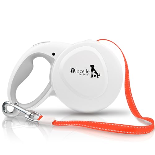 bluzelle 8m Lange Hundeleine für Hunde bis 50kg, Flexible Rollleine Neon-Orange Leuchtender Reflektor-Gurt mit 360° Karabinerhaken Metall, Ergonomischer Griff Grau Gummiert & Einzugs-Bremse, Weiß von bluzelle